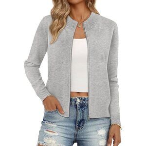 Women's Gray Zip Up Crew Neck  Long Sleeve Trendy Winter Jackets Sweaters